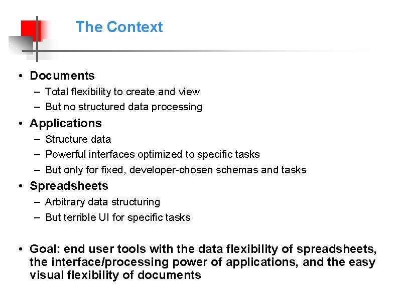 The Context • Documents – Total flexibility to create and view – But no