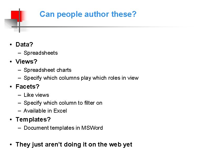 Can people author these? • Data? – Spreadsheets • Views? – Spreadsheet charts –