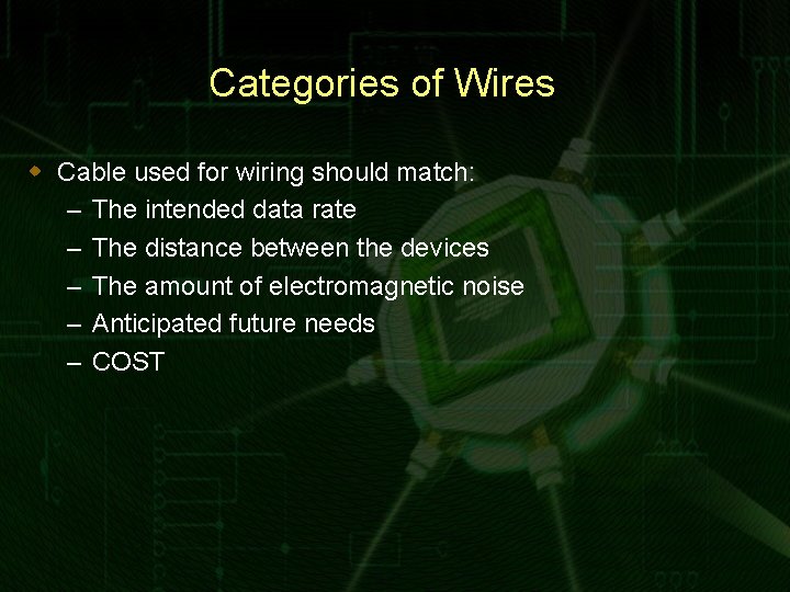 Categories of Wires w Cable used for wiring should match: – The intended data