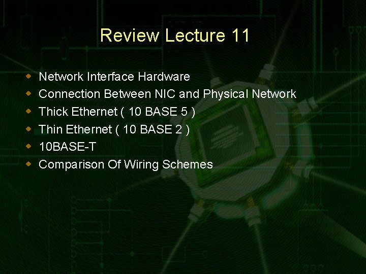 Review Lecture 11 w w w Network Interface Hardware Connection Between NIC and Physical