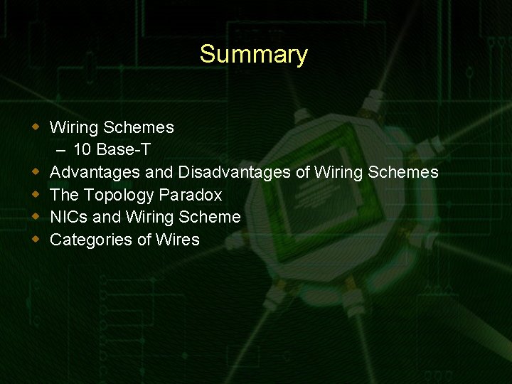 Summary w Wiring Schemes – 10 Base-T w Advantages and Disadvantages of Wiring Schemes