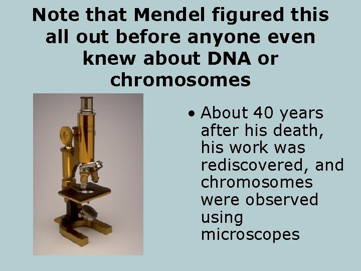 Note that Mendel figured this all out before anyone even knew about DNA or