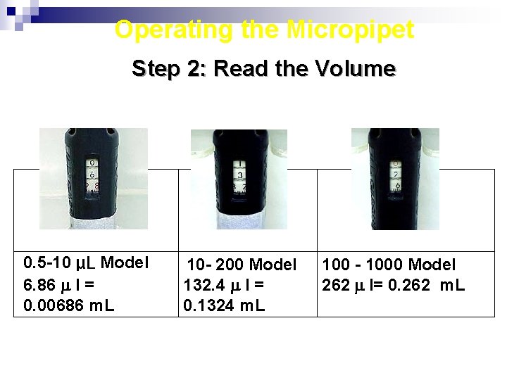 Operating the Micropipet Step 2: Read the Volume How to Read the Volume Indicator: