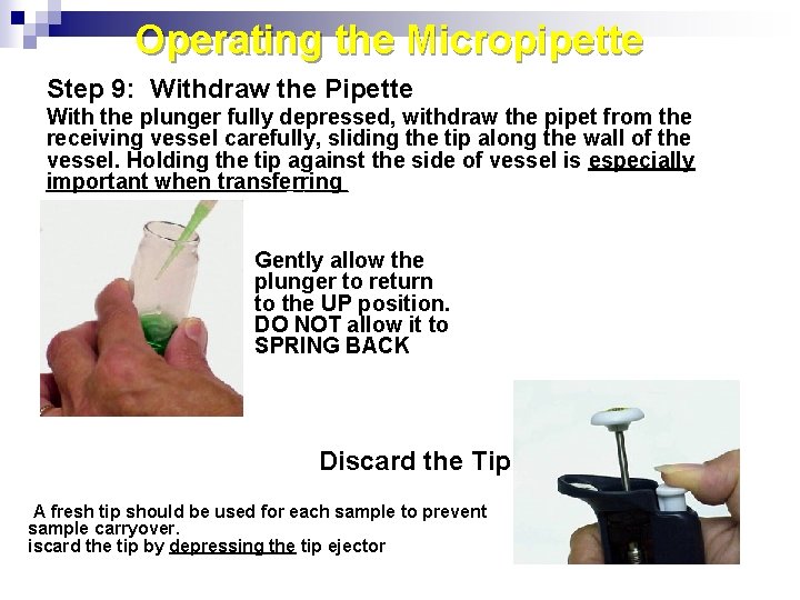 Operating the Micropipette Step 9: Withdraw the Pipette With the plunger fully depressed, withdraw