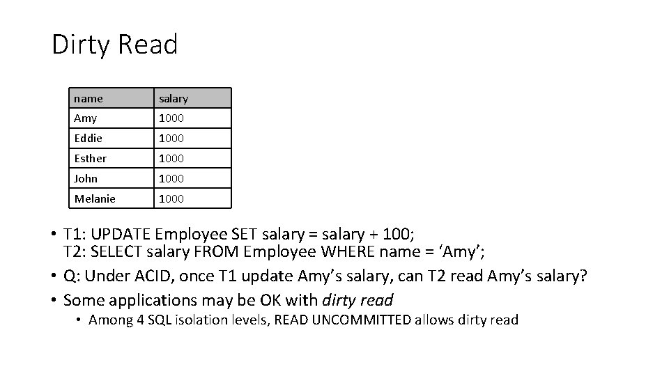 Dirty Read name salary Amy 1000 Eddie 1000 Esther 1000 John 1000 Melanie 1000