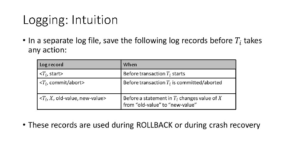 Logging: Intuition • Log record When 