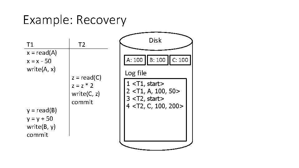 Example: Recovery T 1 x = read(A) x = x - 50 write(A, x)