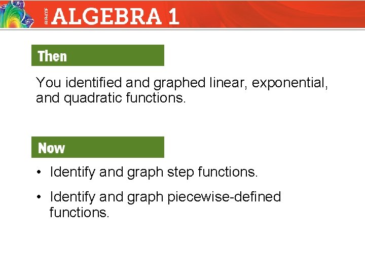 You identified and graphed linear, exponential, and quadratic functions. • Identify and graph step