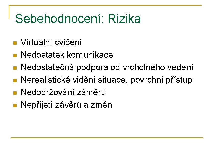 Sebehodnocení: Rizika n n n Virtuální cvičení Nedostatek komunikace Nedostatečná podpora od vrcholného vedení