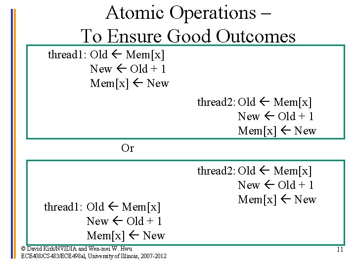 Atomic Operations – To Ensure Good Outcomes thread 1: Old Mem[x] New Old +