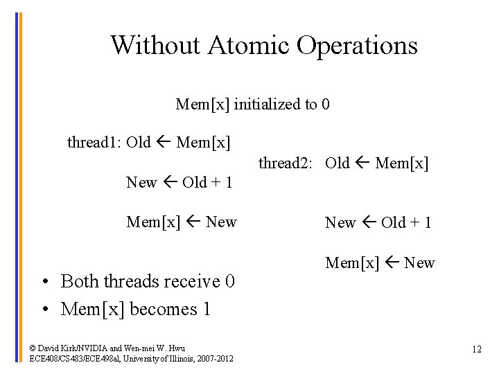Without Atomic Operations Mem[x] initialized to 0 thread 1: Old Mem[x] thread 2: Old
