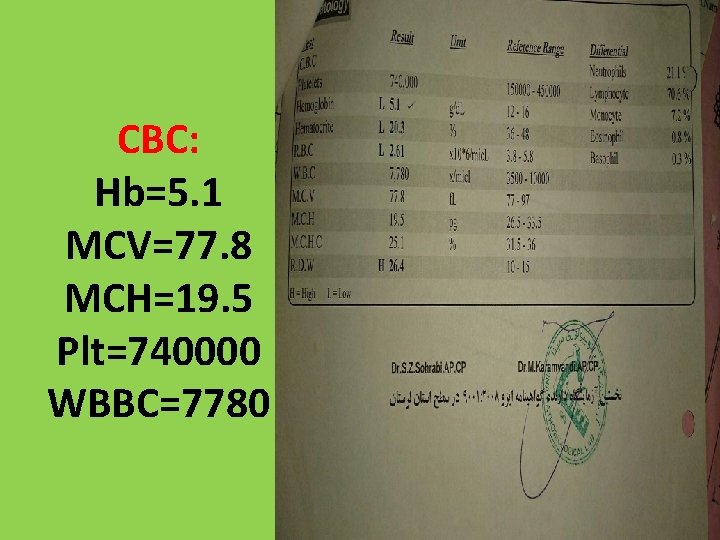 CBC: Hb=5. 1 MCV=77. 8 MCH=19. 5 Plt=740000 WBBC=7780 
