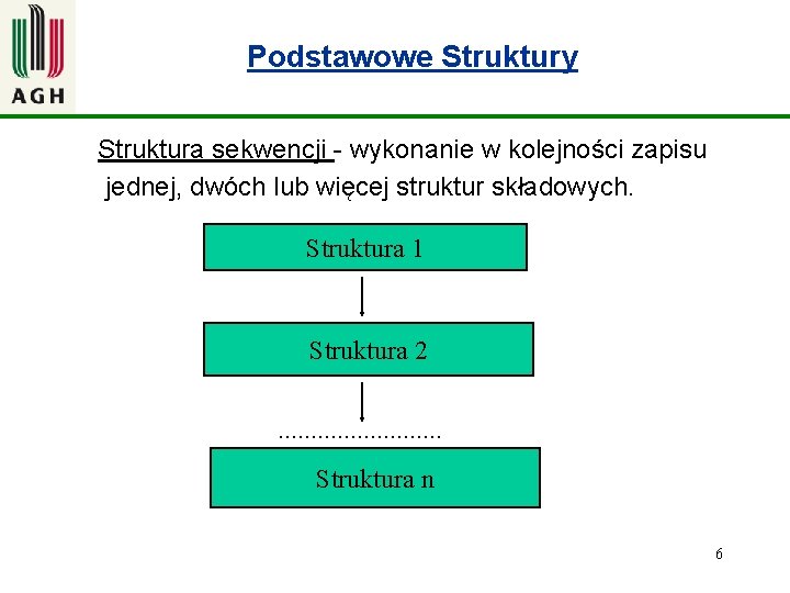 Podstawowe Struktury Struktura sekwencji - wykonanie w kolejności zapisu jednej, dwóch lub więcej struktur