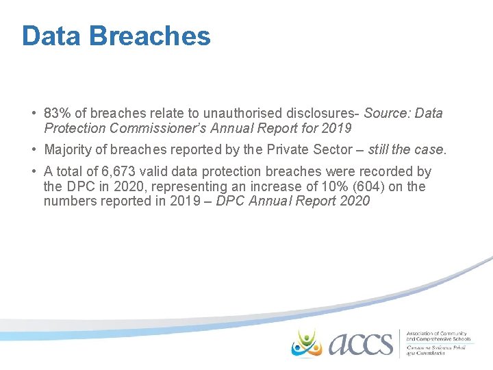 Data Breaches • 83% of breaches relate to unauthorised disclosures- Source: Data Protection Commissioner’s