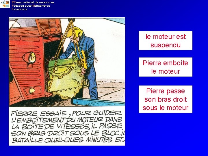 REseau national de ressources Pédagogiques Maintenance Industrielle le moteur est suspendu Pierre emboîte le