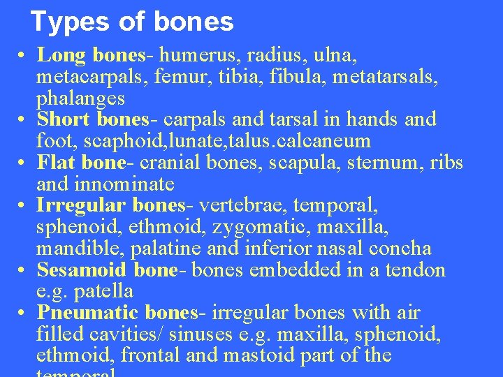 Types of bones • Long bones- humerus, radius, ulna, metacarpals, femur, tibia, fibula, metatarsals,
