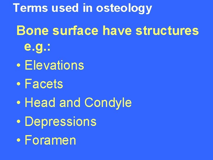 Terms used in osteology Bone surface have structures e. g. : • Elevations •