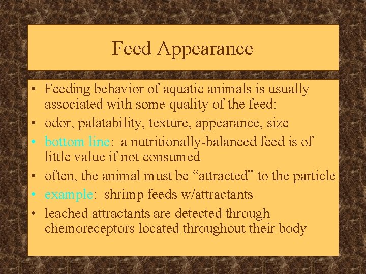 Feed Appearance • Feeding behavior of aquatic animals is usually associated with some quality