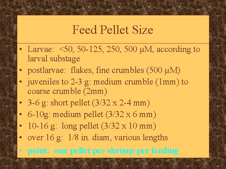 Feed Pellet Size • Larvae: <50, 50 -125, 250, 500 µM, according to larval