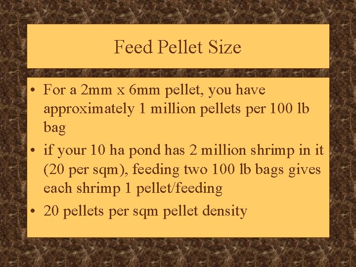Feed Pellet Size • For a 2 mm x 6 mm pellet, you have
