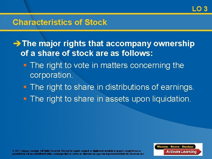LO 3 Characteristics of Stock èThe major rights that accompany ownership of a share