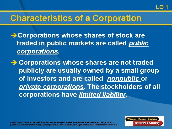 LO 1 Characteristics of a Corporation èCorporations whose shares of stock are traded in