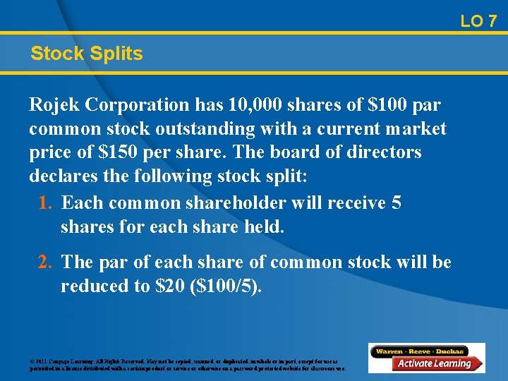 LO 7 Stock Splits Rojek Corporation has 10, 000 shares of $100 par common