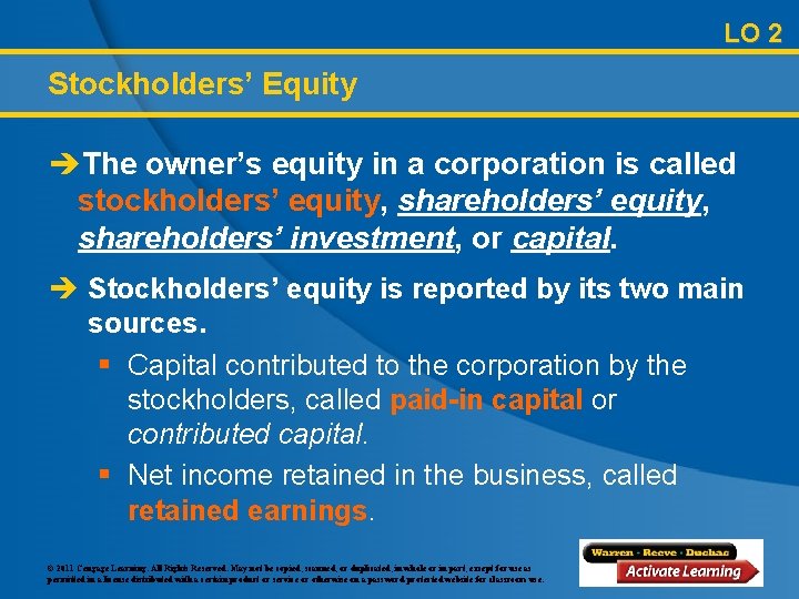 LO 2 Stockholders’ Equity èThe owner’s equity in a corporation is called stockholders’ equity,