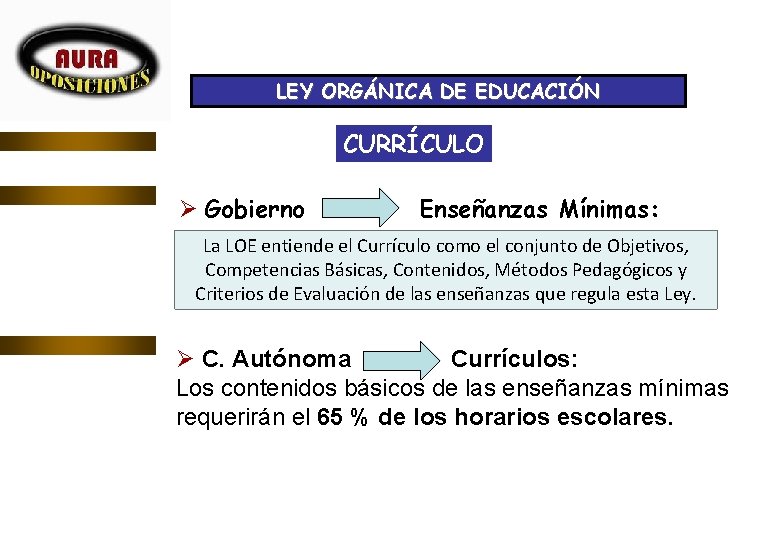 LEY ORGÁNICA DE EDUCACIÓN CURRÍCULO Ø Gobierno Enseñanzas Mínimas: La LOE entiende el Currículo