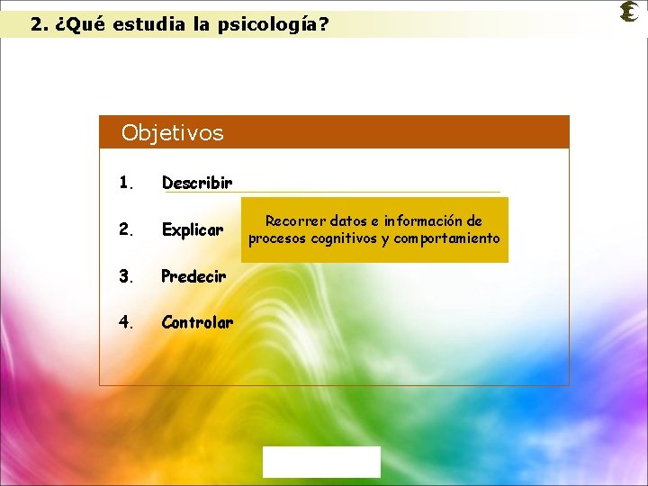 2. ¿Qué estudia la psicología? Objetivos 1. Describir 2. Explicar 3. Predecir 4. Controlar