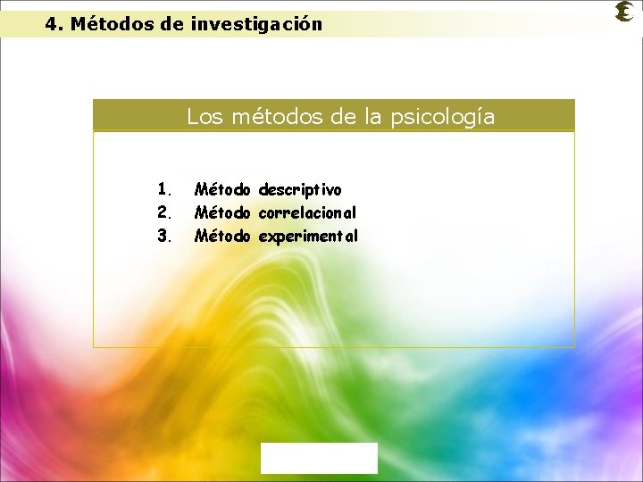 4. Métodos de investigación Los métodos de la psicología 1. 2. 3. Método descriptivo