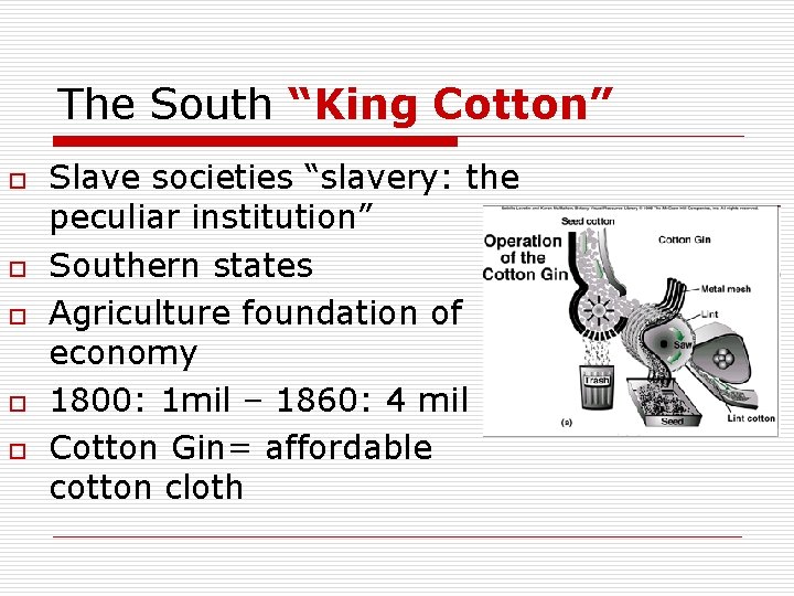 The South “King Cotton” o o o Slave societies “slavery: the peculiar institution” Southern