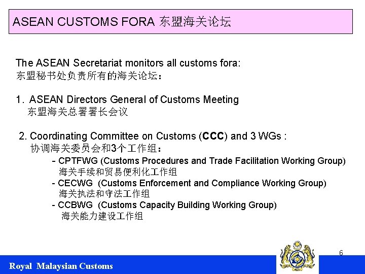 ASEAN CUSTOMS FORA 东盟海关论坛 The ASEAN Secretariat monitors all customs fora: 东盟秘书处负责所有的海关论坛： 1. ASEAN