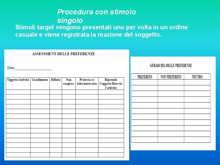 Procedura con stimolo singolo Stimoli target vengono presentati uno per volta in un ordine