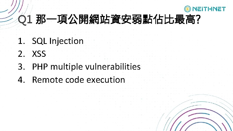 Q 1 那一項公開網站資安弱點佔比最高? 1. 2. 3. 4. SQL Injection XSS PHP multiple vulnerabilities Remote