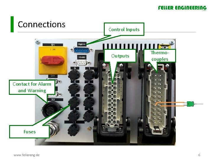 Connections Control Inputs Outputs Thermocouples Contact for Alarm and Warning Fuses www. fellereng. de Connections Control Inputs Outputs Thermocouples Contact for Alarm and Warning Fuses www. fellereng. de