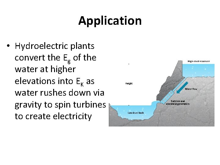 Application • Hydroelectric plants convert the Eg of the water at higher elevations into