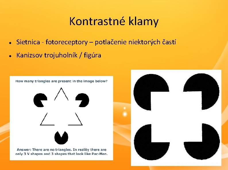 Kontrastné klamy Sietnica - fotoreceptory – potlačenie niektorých častí Kanizsov trojuholník / figúra 