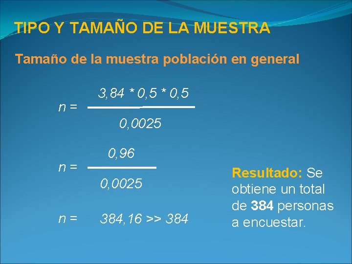TIPO Y TAMAÑO DE LA MUESTRA Tamaño de la muestra población en general n=