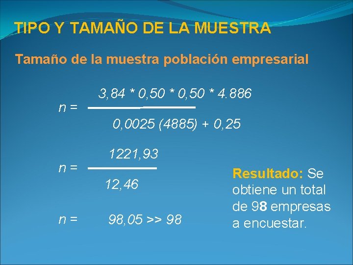 TIPO Y TAMAÑO DE LA MUESTRA Tamaño de la muestra población empresarial n= 3,