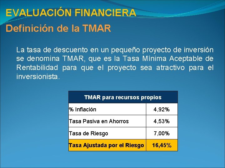 EVALUACIÓN FINANCIERA Definición de la TMAR La tasa de descuento en un pequeño proyecto