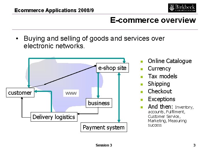 Ecommerce Applications 2008/9 E-commerce overview • Buying and selling of goods and services over