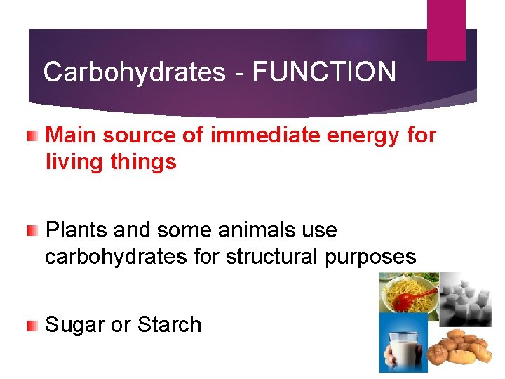 Carbohydrates - FUNCTION Main source of immediate energy for living things Plants and some