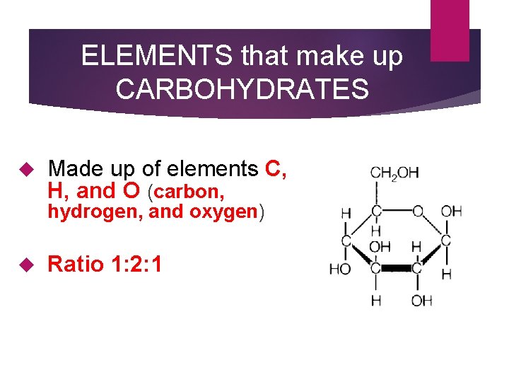 ELEMENTS that make up CARBOHYDRATES Made up of elements C, H, and O (carbon,