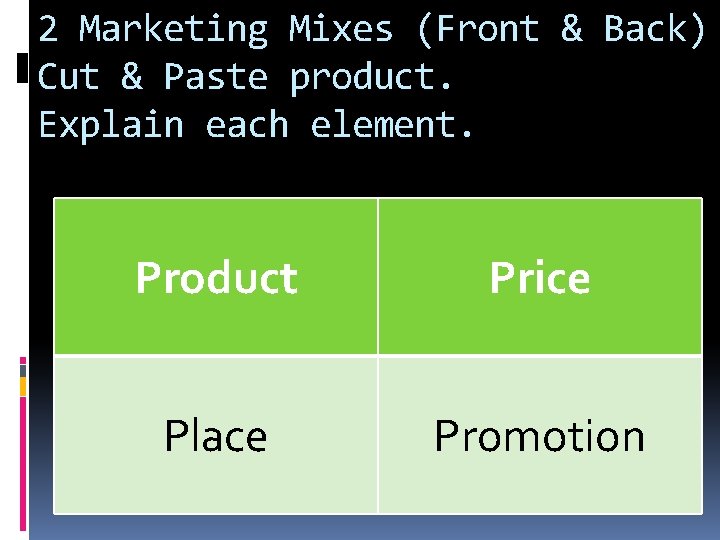 2 Marketing Mixes (Front & Back) Cut & Paste product. Explain each element. Product 2 Marketing Mixes (Front & Back) Cut & Paste product. Explain each element. Product