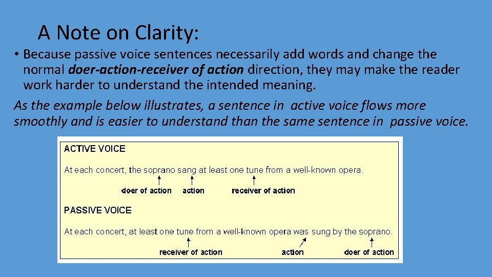 A Note on Clarity: • Because passive voice sentences necessarily add words and change