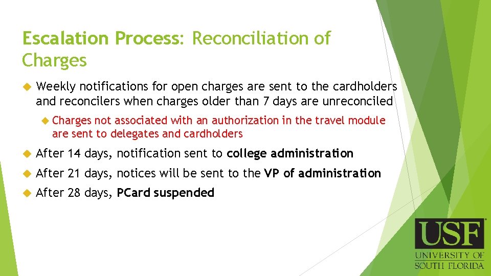Escalation Process: Reconciliation of Charges Weekly notifications for open charges are sent to the