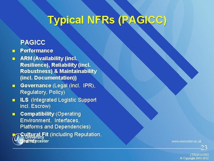 Typical NFRs (PAGICC) PAGICC n n n Performance ARM (Availability (incl. Resilience), Reliability (incl.