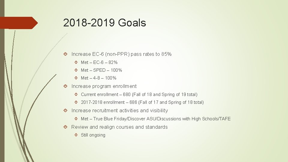 2018 -2019 Goals Increase EC-6 (non-PPR) pass rates to 85% Met – EC-6 –