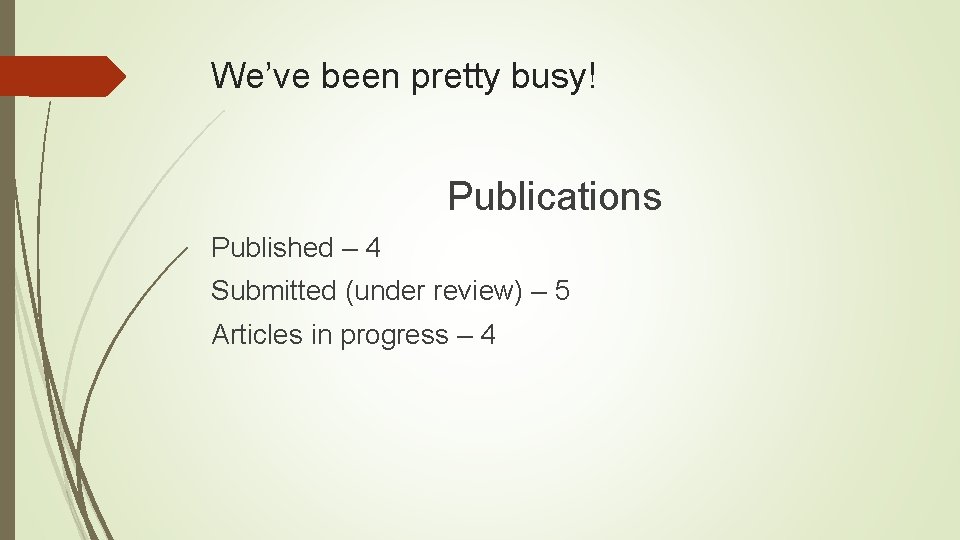 We’ve been pretty busy! Publications Published – 4 Submitted (under review) – 5 Articles